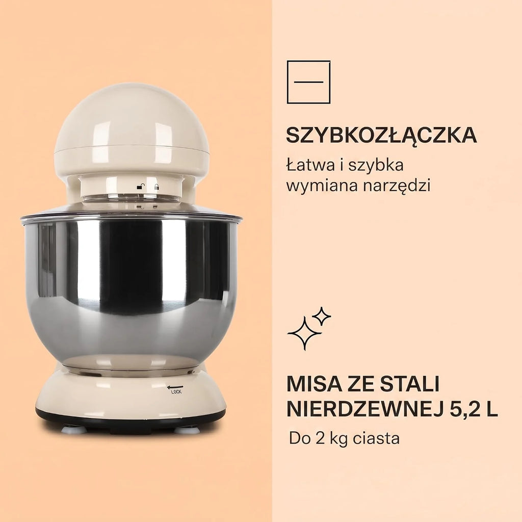 Klarstein Robot kuchenny, Maszyna do wyrabiania ciasta z misą 5L, 2000W profesjonalny robot z hakiem i trzepaczką, Uniwersalny z 6 biegami, Maszyna do mieszania, ugniatania i ubijania