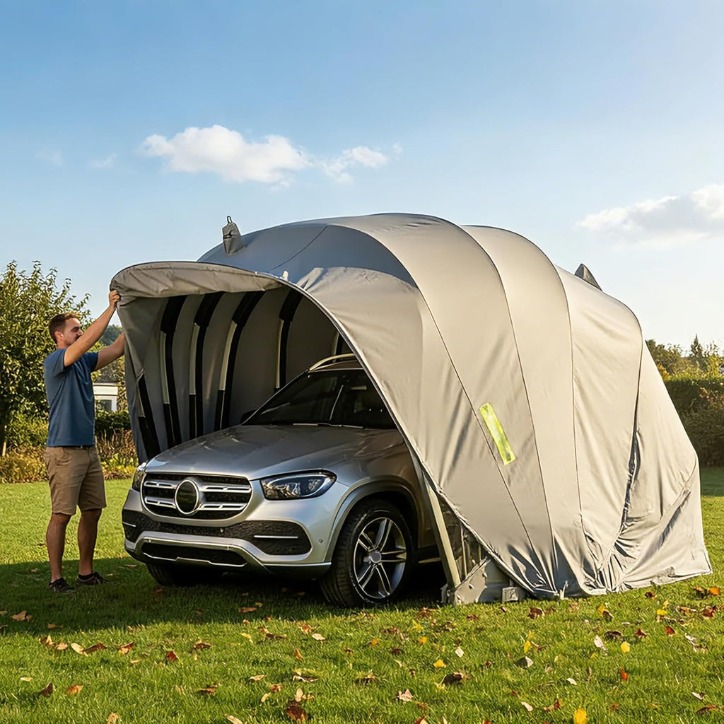 Toldo para coche resistente a todas las condiciones climáticas, garaje plegable semiautomático con cerradura de combinación, cochera plegable para exteriores, tela Oxford 600D, gris, L: 5,5/5,9 m