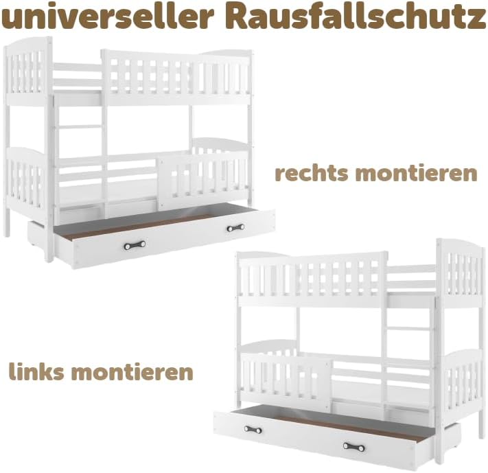 Interbeds Litera 200x90cm cama alta cama doble con cajón cama de madera de pino cama infantil cama juvenil con somier y barrera de seguridad (blanco, 200x90)