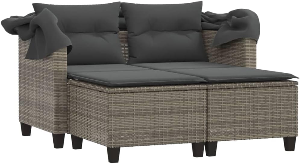 Sofá de jardín de 2 plazas vidaXL con techo y reposapiés, sofá de exterior, muebles de jardín, conjunto de salón para patio, muebles de terraza para dos personas, poliratán gris