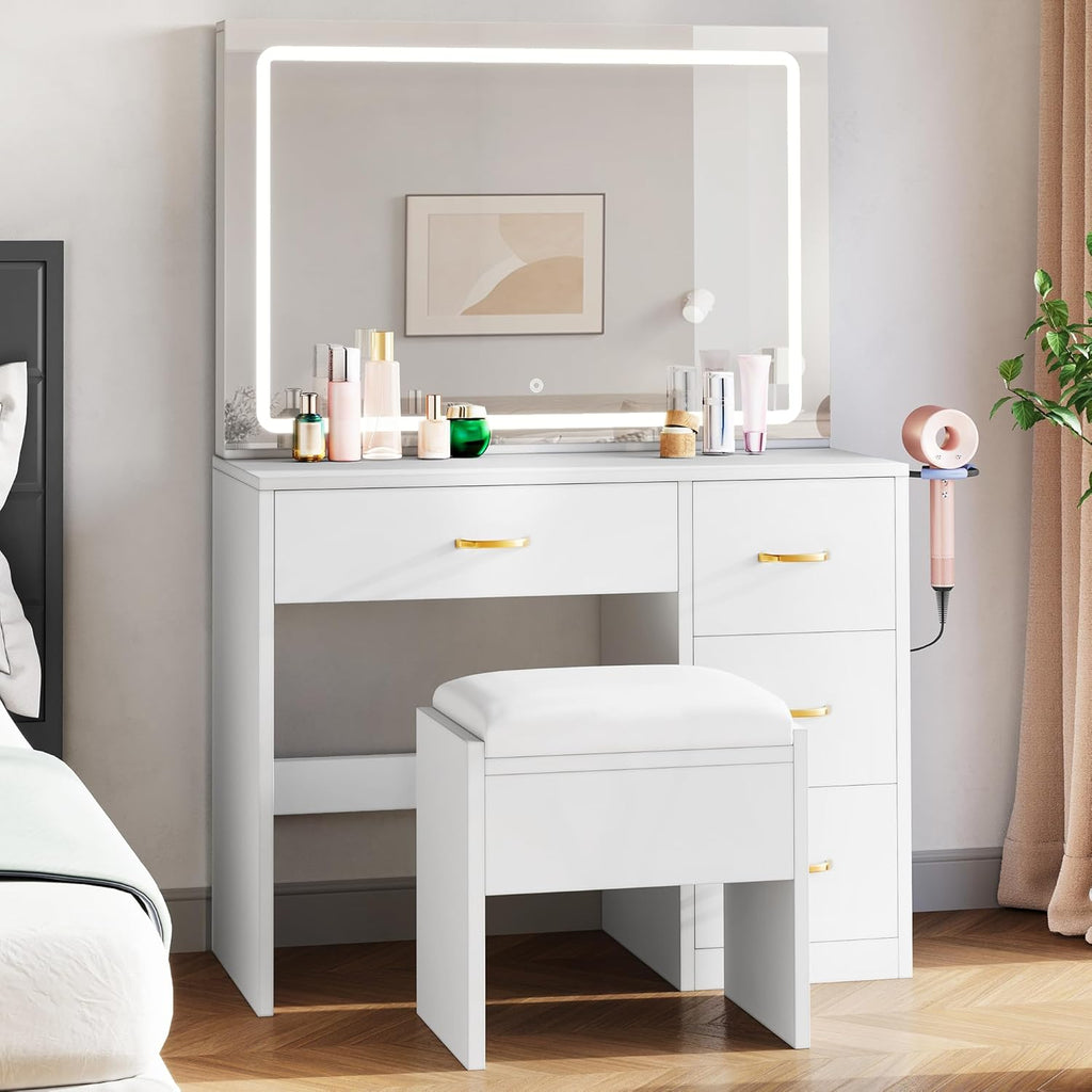 Tocador YITAHOME con espejo, mesa de maquillaje con 4 cajones, iluminación, toma de corriente, blanco (tocador, mesa de cosméticos)