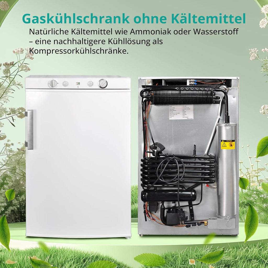 SMETA Refrigerador con congelador a gas 12V/230V/Gas, nevera con compartimento congelador de 100L, refrigerador combinado silencioso para camping, hogar, caravana, garaje, casa rural, autocaravana, blanco
