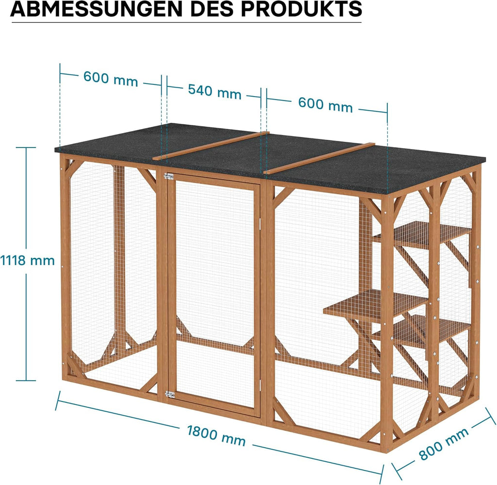 Recinto exterior para gatos Wiltec 168 x 82 x 166,5 cm con 6 superficies de descanso, recinto para gatos resistente a la intemperie para jardín, caseta para gatos con malla de alambre y techo de betún