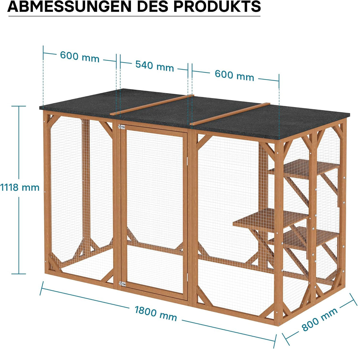 Recinto exterior para gatos Wiltec 168 x 82 x 166,5 cm con 6 superficies de descanso, recinto para gatos resistente a la intemperie para jardín, caseta para gatos con malla de alambre y techo de betún