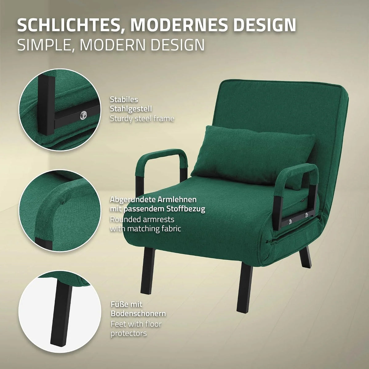 ML-Design Fotel Rozkladany 3 w 1 z Funkcja Spania, Skladany z Regulowanym Oparciem, Rozkladana Sofa dla Gosci, Lózko Jednoosobowe Stelaz Stalowy Miekka Tkanina Chenille Wygodny do Salonu Ciemnozielony