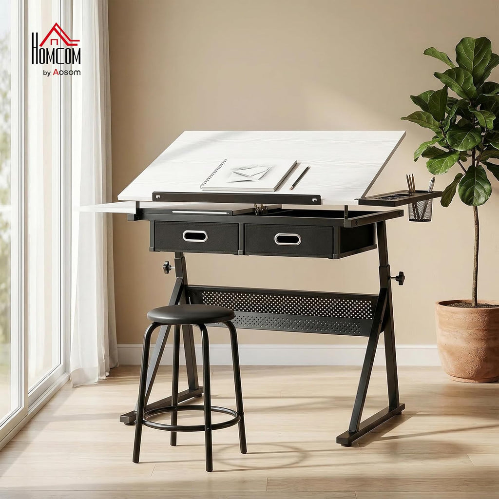 Mesa de dibujo HOMCOM con taburete, mesa de arquitecto, mesa de trabajo ajustable en altura con tablero inclinable y 2 cajones, escritorio para estudiantes, arquitectos y artistas, blanco