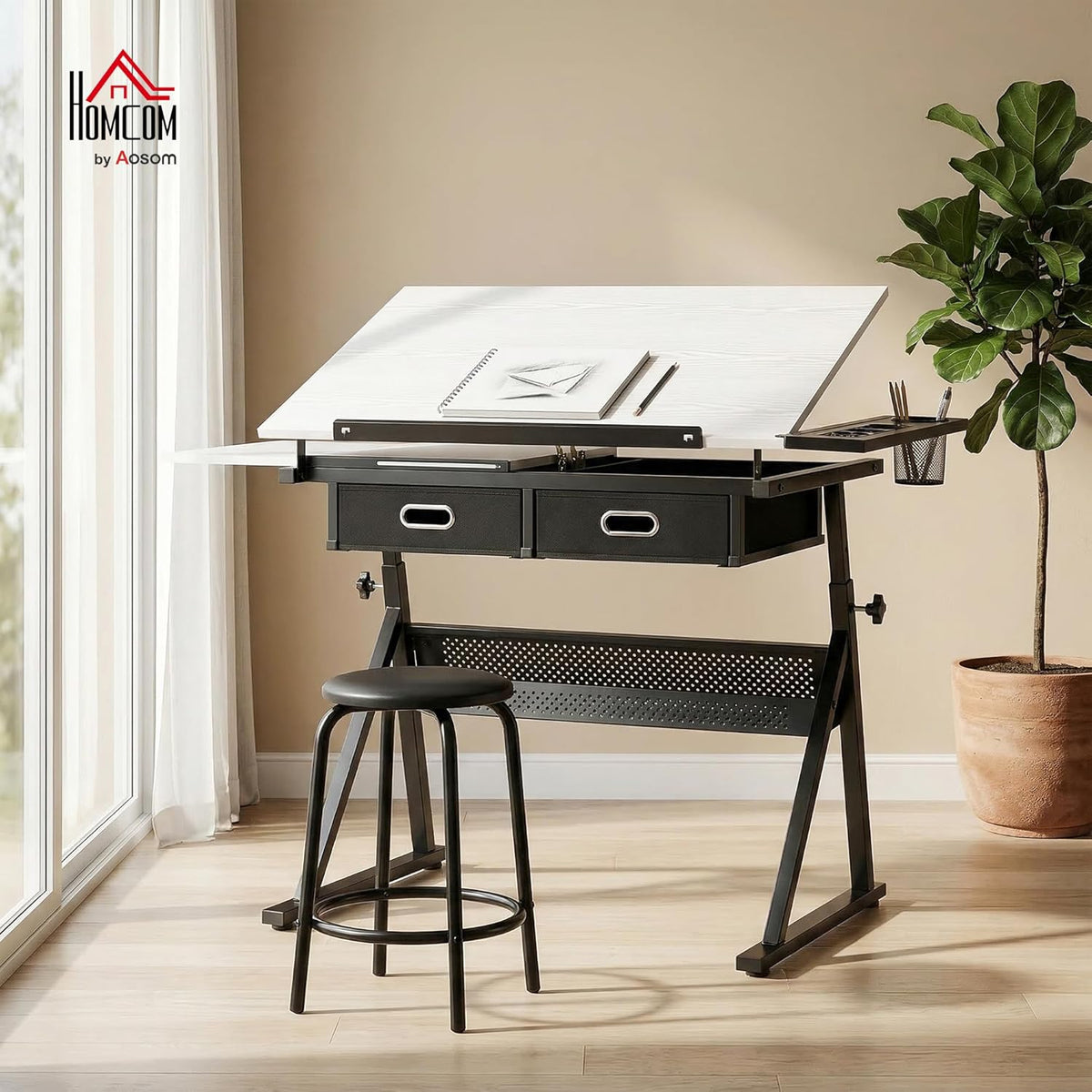 Mesa de dibujo HOMCOM con taburete, mesa de arquitecto, mesa de trabajo ajustable en altura con tablero inclinable y 2 cajones, escritorio para estudiantes, arquitectos y artistas, blanco