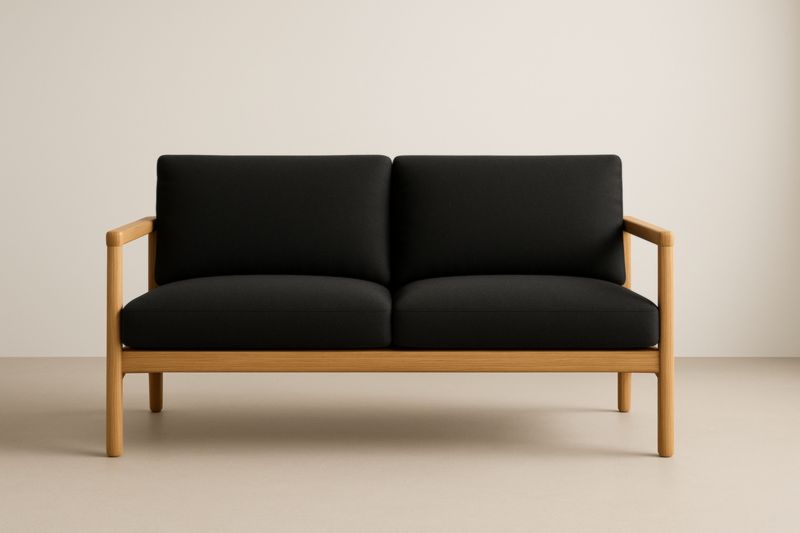 Sofá de tela negra y madera de haya