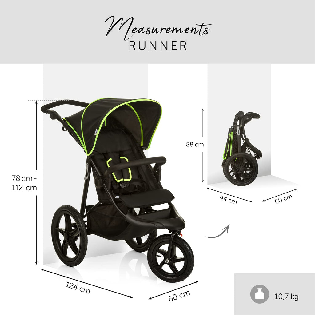 Cochecito hauck Runner 2, silla de paseo de tres ruedas con ruedas neumáticas XL para niños de hasta 22 kg, protección UV 50+, ventana de ventilación, altura ajustable, plegable, cesta XL de hasta 3 kg, función de reclinado (negro)