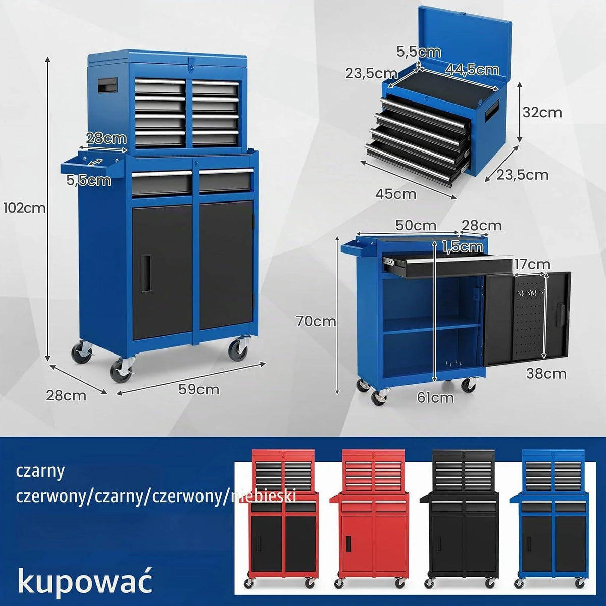 GOPLUS Metalowa szafka narzędziowa 2 w 1, wózek narzędziowy z kółkami, skrzynka narzędziowa, 5 szuflad, haki, regulowana półka i antypoślizgowa podszewka do warsztatu garażowego (niebieski)