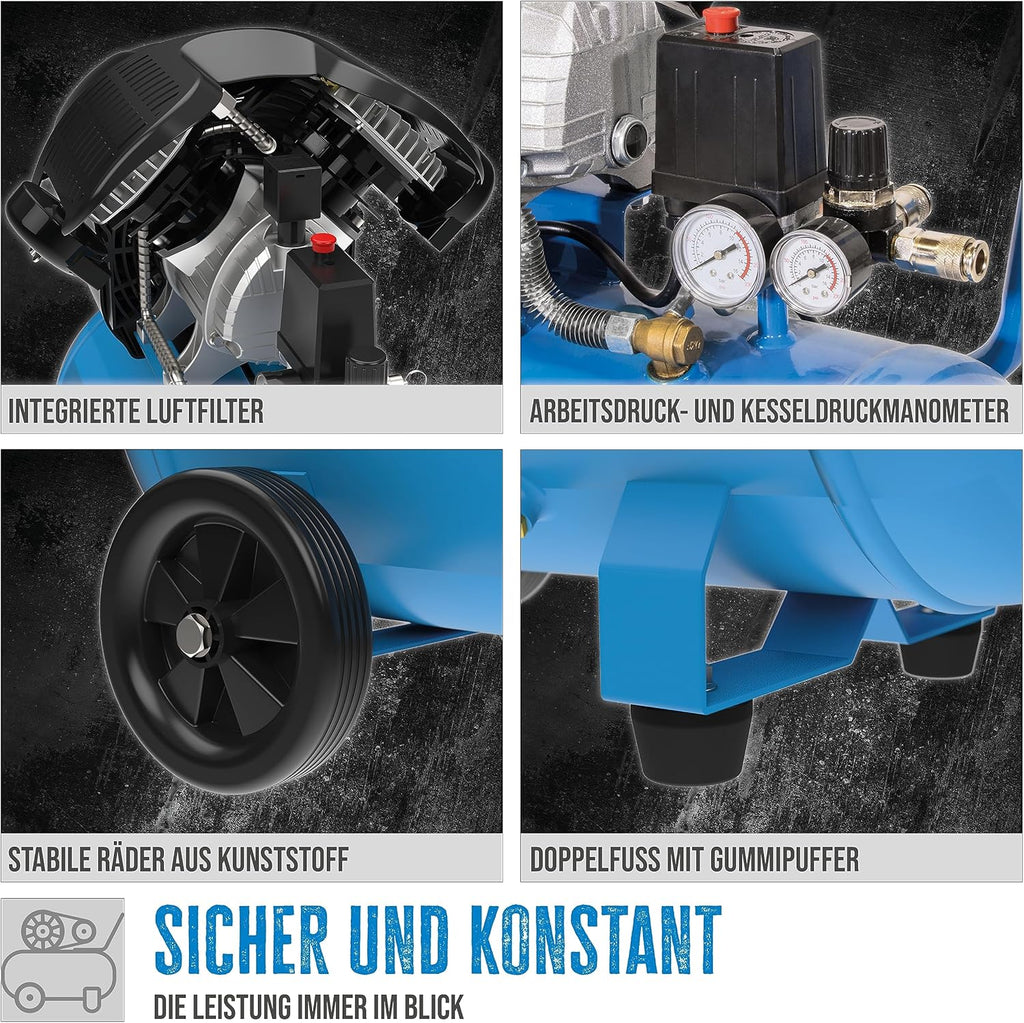 Set de compresor Güde 405/10/50 15T (lubricado por aceite, 10 bar, 2200 W, depósito de 50 l, caudal efectivo 250 l/min, 2 manómetros, 2 acoplamientos de aire comprimido, válvula de seguridad y tornillo de purga, incluye set de accesorios)