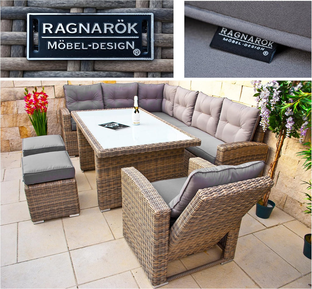 Ragnarök-Möbeldesign - Muebles de comedor altos - Fabricantes ALEMANES - 8 años de GARANTÍA - Producción PROPIA - Conjunto de comedor de jardín de ratán sintético, sillones, ratán redondo color natural, gris