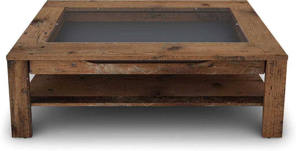 Mesa de centro Ralph de byLIVING / aspecto de madera vieja de roble marrón oscuro / mesa de sofá con incrustaciones de vidrio y un cajón espacioso en marrón / mesa auxiliar con mucho espacio de almacenamiento / An 110, Al 43, Pr 67 cm