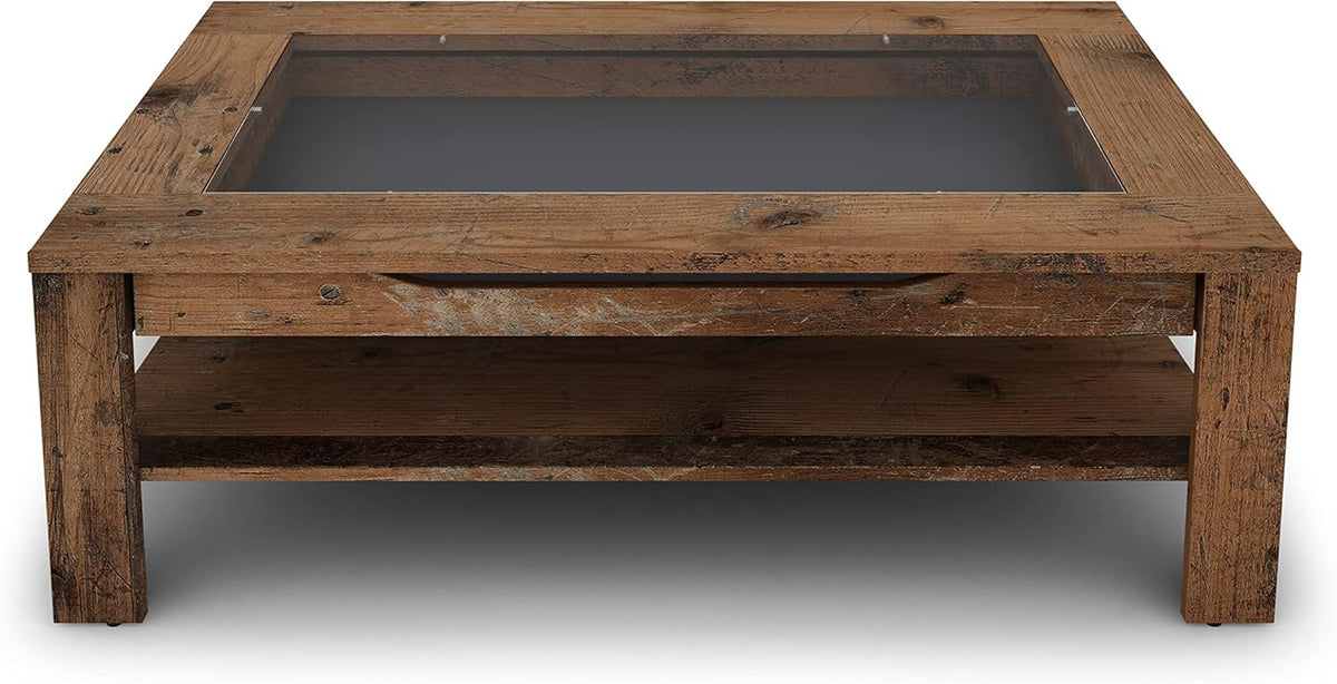 Mesa de centro Ralph de byLIVING / aspecto de madera vieja de roble marrón oscuro / mesa de sofá con incrustaciones de vidrio y un cajón espacioso en marrón / mesa auxiliar con mucho espacio de almacenamiento / An 110, Al 43, Pr 67 cm