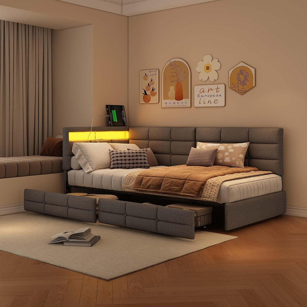 łóżko tapicerowane, 90 x 200 cm z gniazdami LED i USB, łóżko młodzieżowe ze stelażem z drewna i 2 szufladami, łóżko dziecięce, sofa do spania, łóżko dzienne, rama łóżka, len, kolor szary, bez