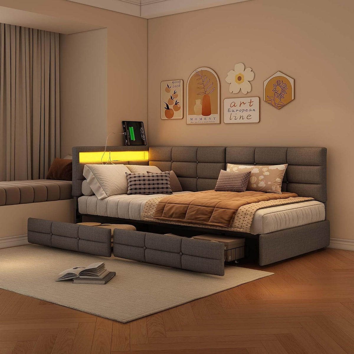 łóżko tapicerowane, 90 x 200 cm z gniazdami LED i USB, łóżko młodzieżowe ze stelażem z drewna i 2 szufladami, łóżko dziecięce, sofa do spania, łóżko dzienne, rama łóżka, len, kolor szary, bez
