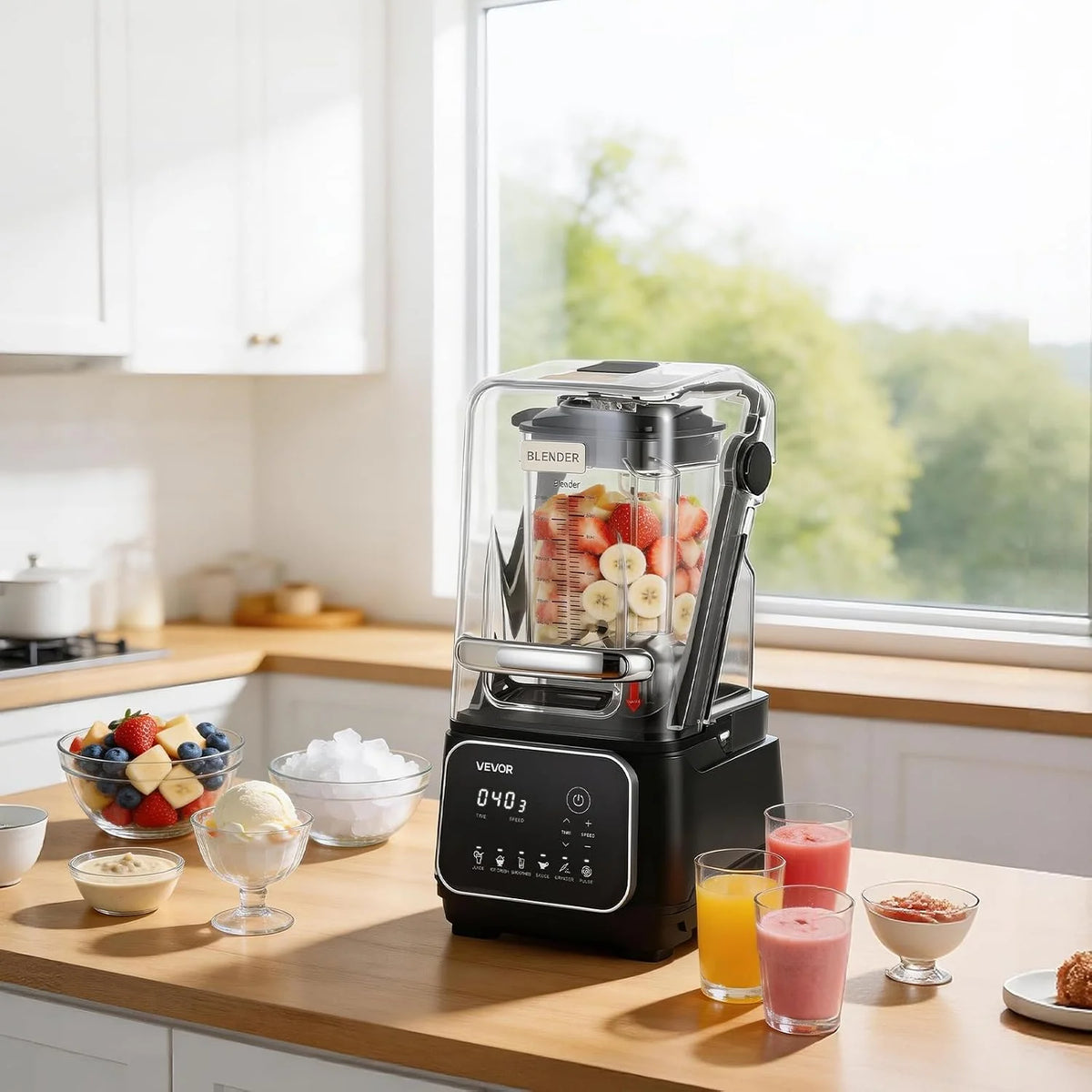 VEVOR Elektryczny blender stołowy do smoothie, 2 litry 2200 W prędkość 26000 obr./min, rozdrabniacz do soków owocowych, samooczyszczanie, 6 zaprogramowanych programów, czarny