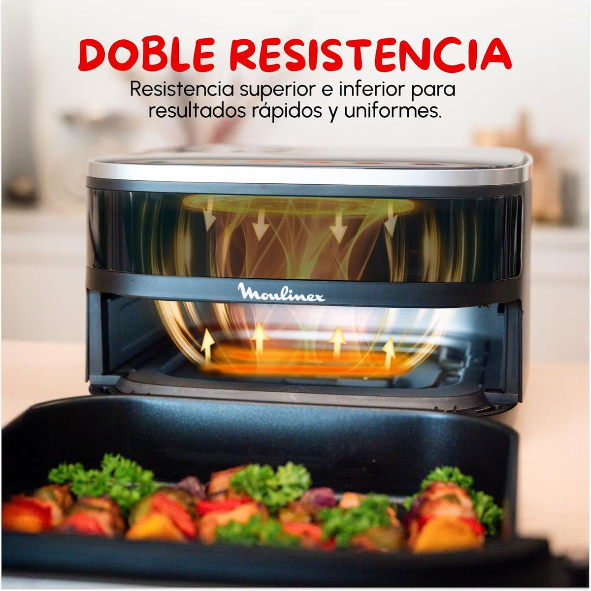 Moulinex Freidora de Aire Easy Fry XL Surface, 2200 W, doble resistencia, cocción uniforme, cesta ancha, 10 programas automáticos, horno para pizzas, diseño compacto, ventana de visualización, AL4018