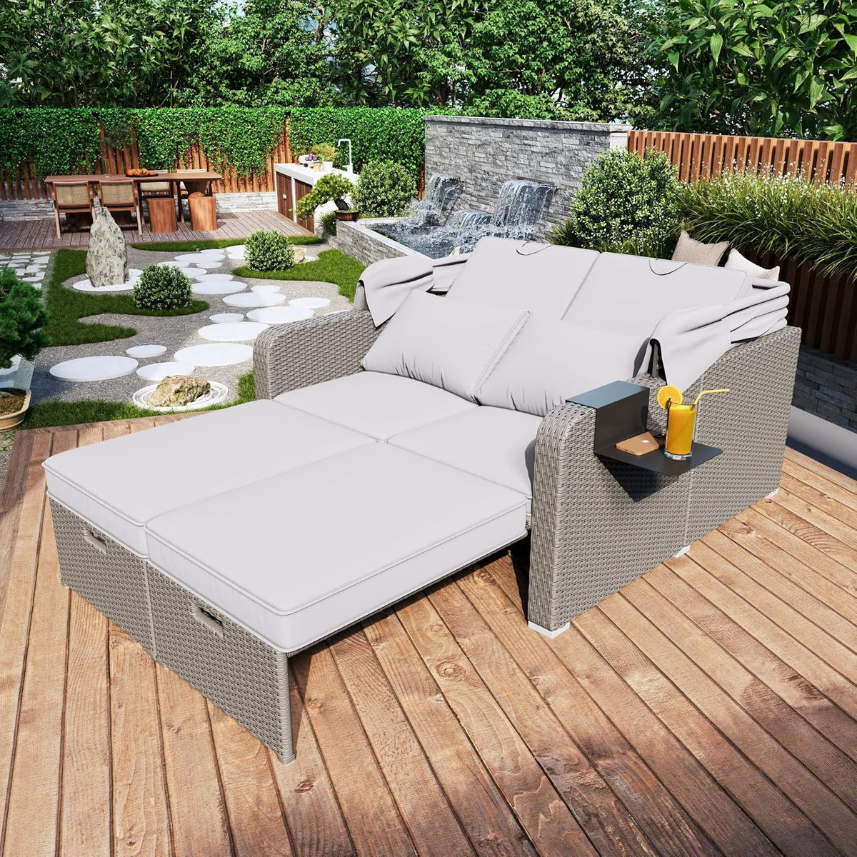 Sofá lounge de poliratán, sofá de jardín de dos plazas con función reclinable, tumbona de jardín con toldo extraíble, sofá lounge tipo cama de día con cojines, caqui