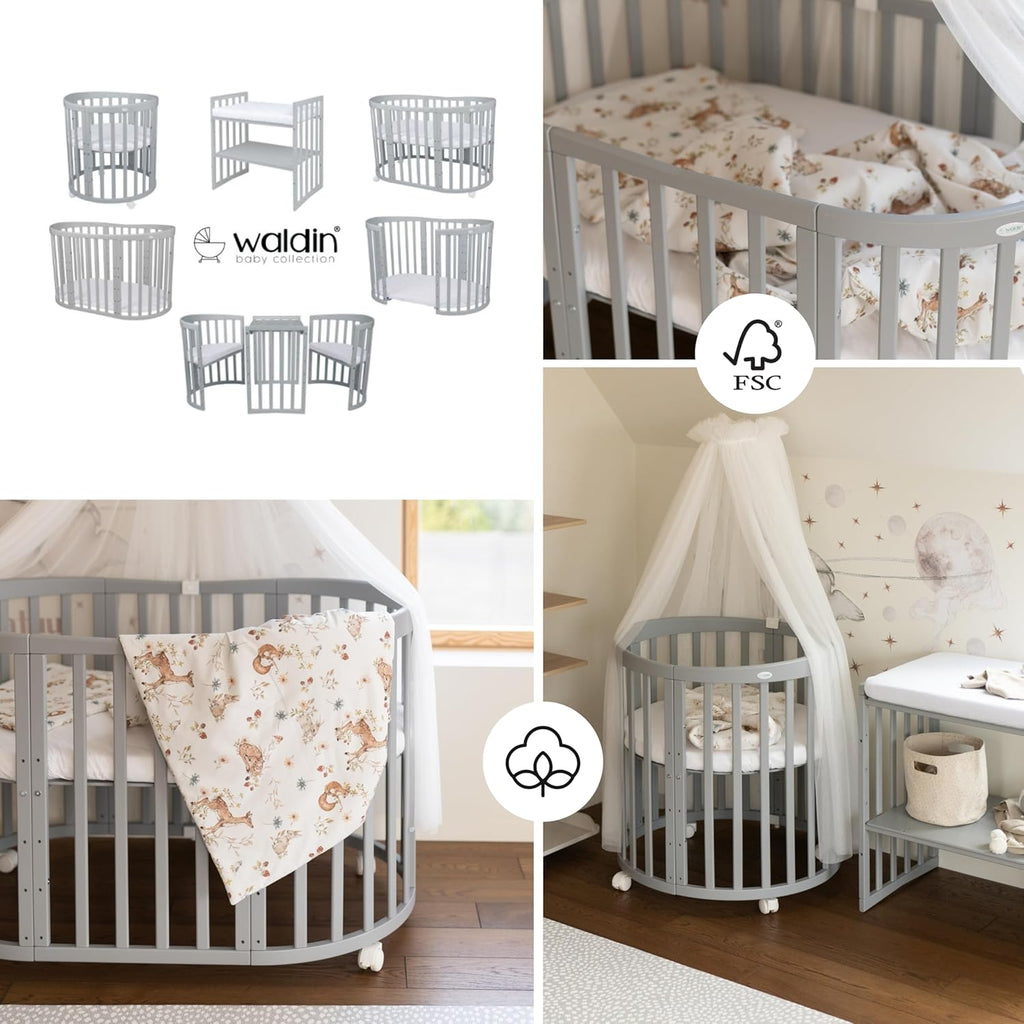 Cuna ovalada evolutiva Waldin, set completo 7 en 1, cuna de barrotes, cama infantil con colchón, cambiador, cuna colecho, madera blanca