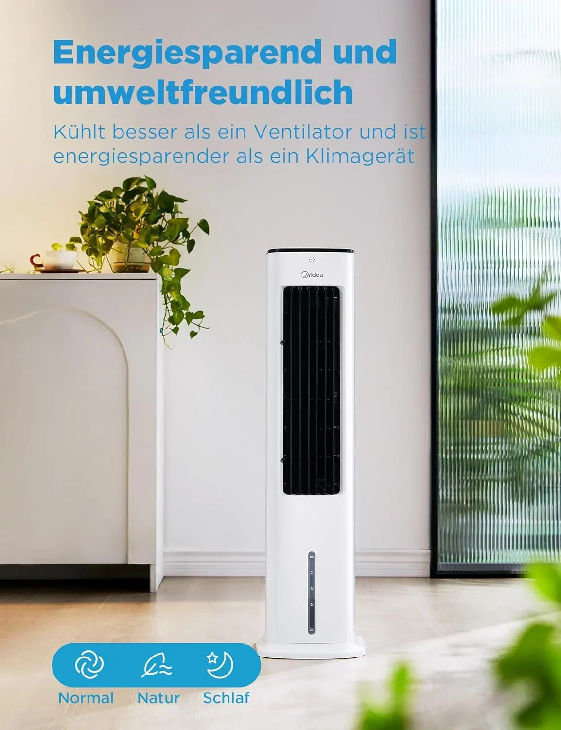 Enfriador de aire Midea con refrigeración por agua, aire acondicionado portátil, ventilador con depósito de 5 L, humidificador e ionizador, aire acondicionado sin tubo de escape, 355 m³/h, ventilador con mando a distancia, 55 W, blanco