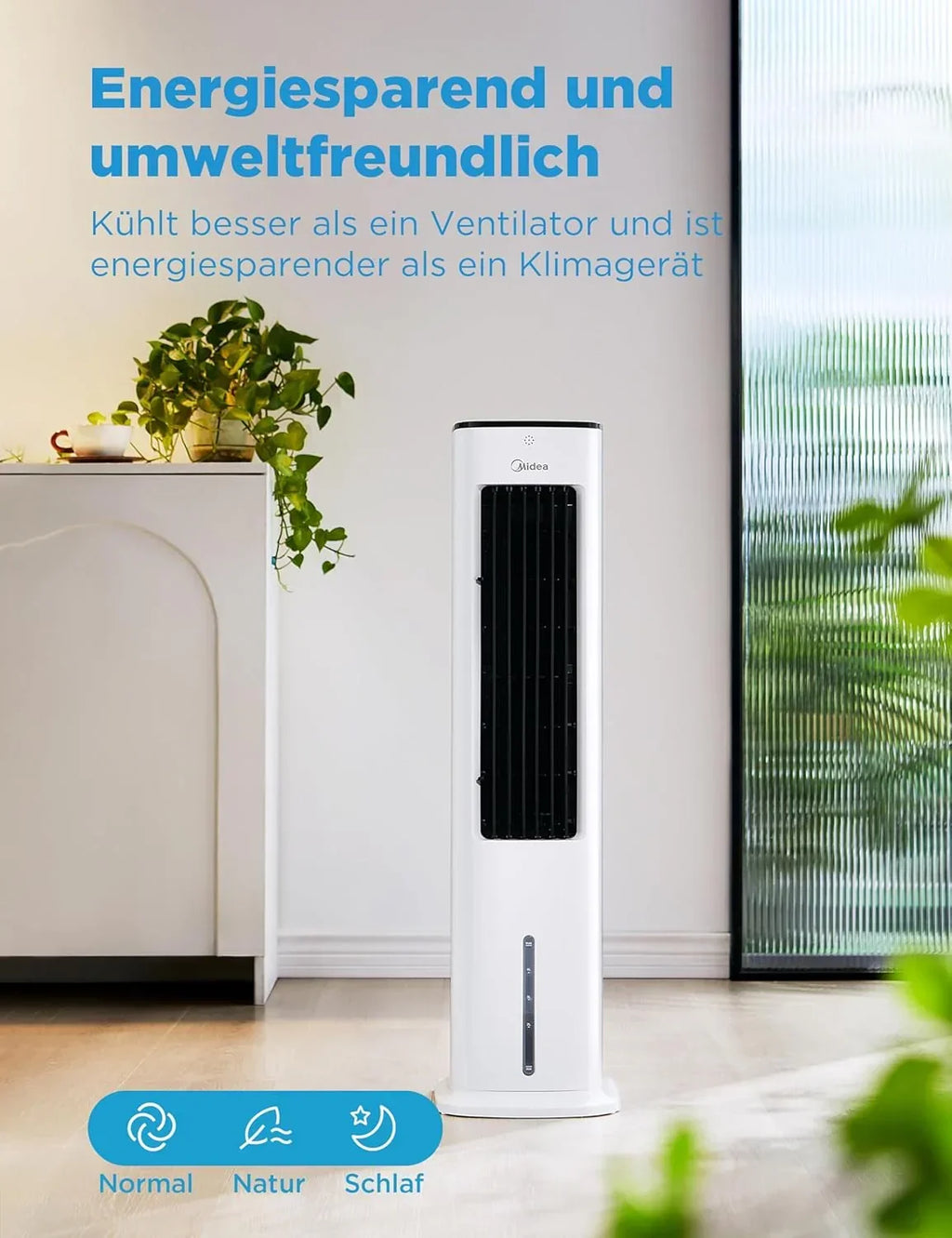 Enfriador de aire Midea AC100-20ARB 4 en 1: depósito de agua de 5 l, 3 modos, mando a distancia, 55 W, blanco