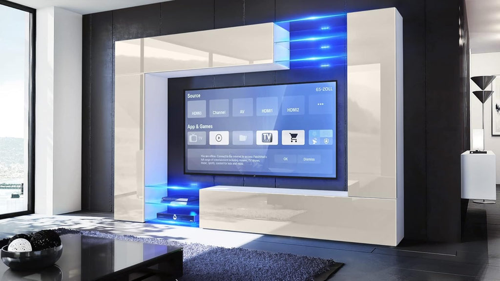 Mueble de salón Vladon Mirage, fabricado en Alemania, mueble mural con panel trasero, 2 puertas, 2 puertas abatibles y 6 estantes de cristal abiertos, blanco mate/crema de alto brillo (262 x 183 x 39 cm)