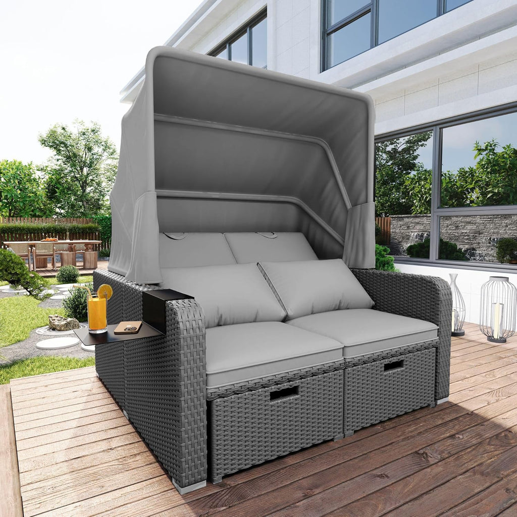 Sofá lounge de ratán sintético, sofá de jardín de dos plazas con función reclinable, tumbona de jardín con toldo extraíble, sofá lounge tipo cama de día con cojines, gris