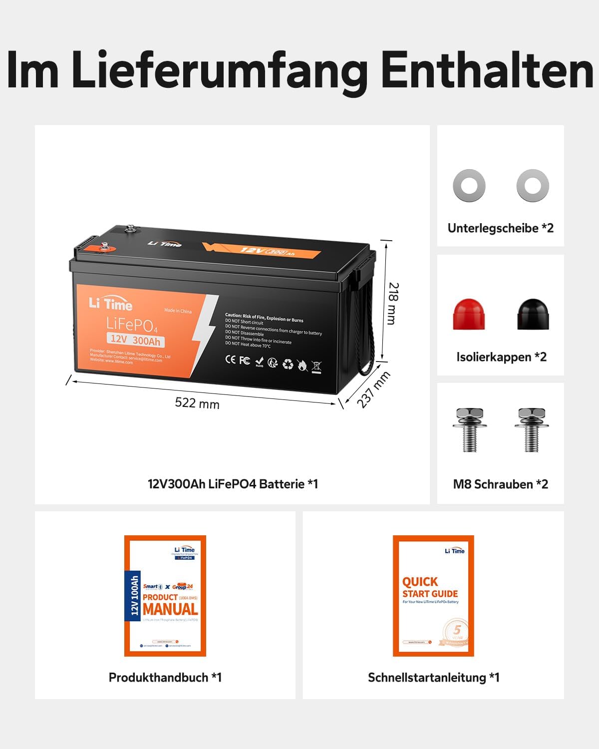 Batería de litio LiTime 12V 300Ah LiFePO4, BMS de 200A integrado, energía de 3840Wh, baterías de ciclo profundo, hasta 15000 ciclos de vida y 10 años de vida útil, perfecta para sistemas aislados (off-grid), autocaravanas y sistemas solares.
