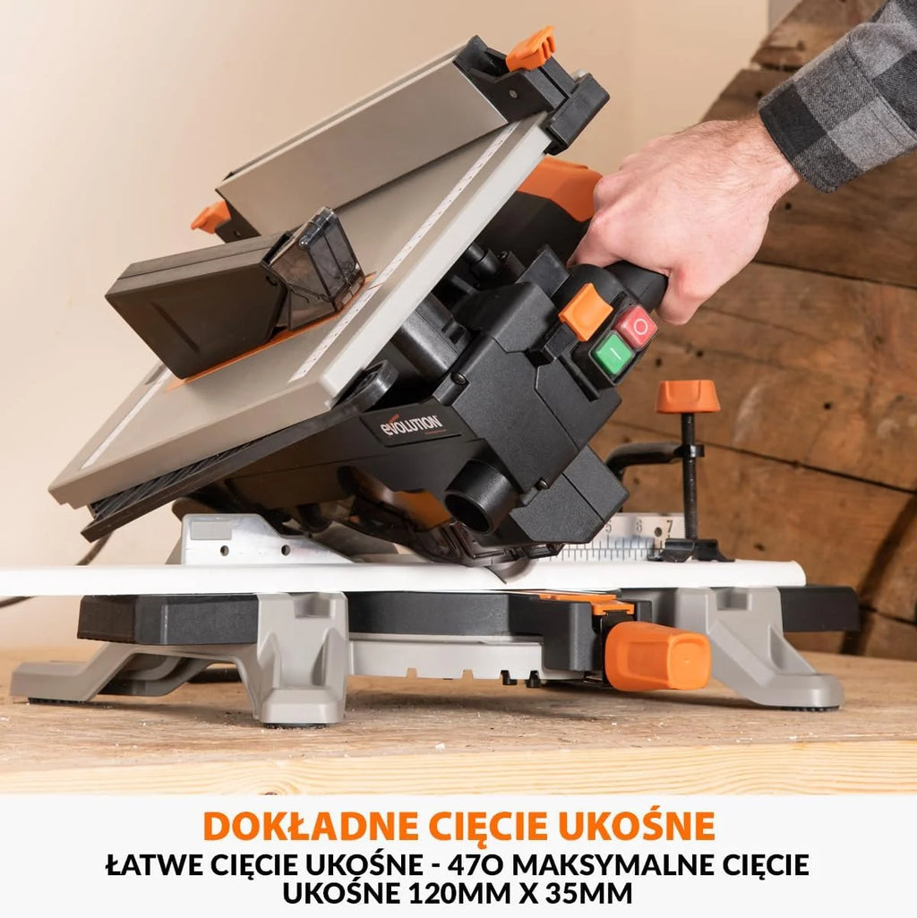 Evolution Power Tools R210MTS-G2 Zmienna piła ukośna/stołowa, kompaktowa, wielofunkcyjne cięcie różnych materiałów, ostrze TCT w zestawie do cięcia drewna, plastiku i metalu, 210mm