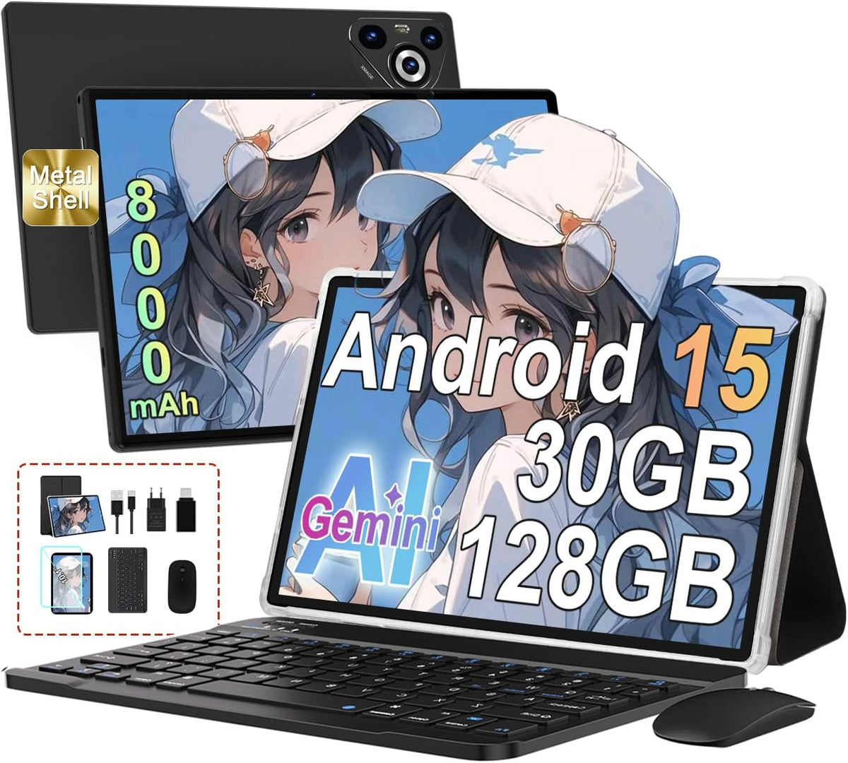 Tableta Android 15 de 2025, 10 pulgadas, pantalla IPS HD, [30 GB RAM] 128 GB + TF 1 TB - Octa-Core, 8000 mAh, cuerpo de metal integrado, 5 MP + 8 MP, WiFi 6, reconocimiento facial, Widevine L1 - Tableta con teclado y ratón - Negro