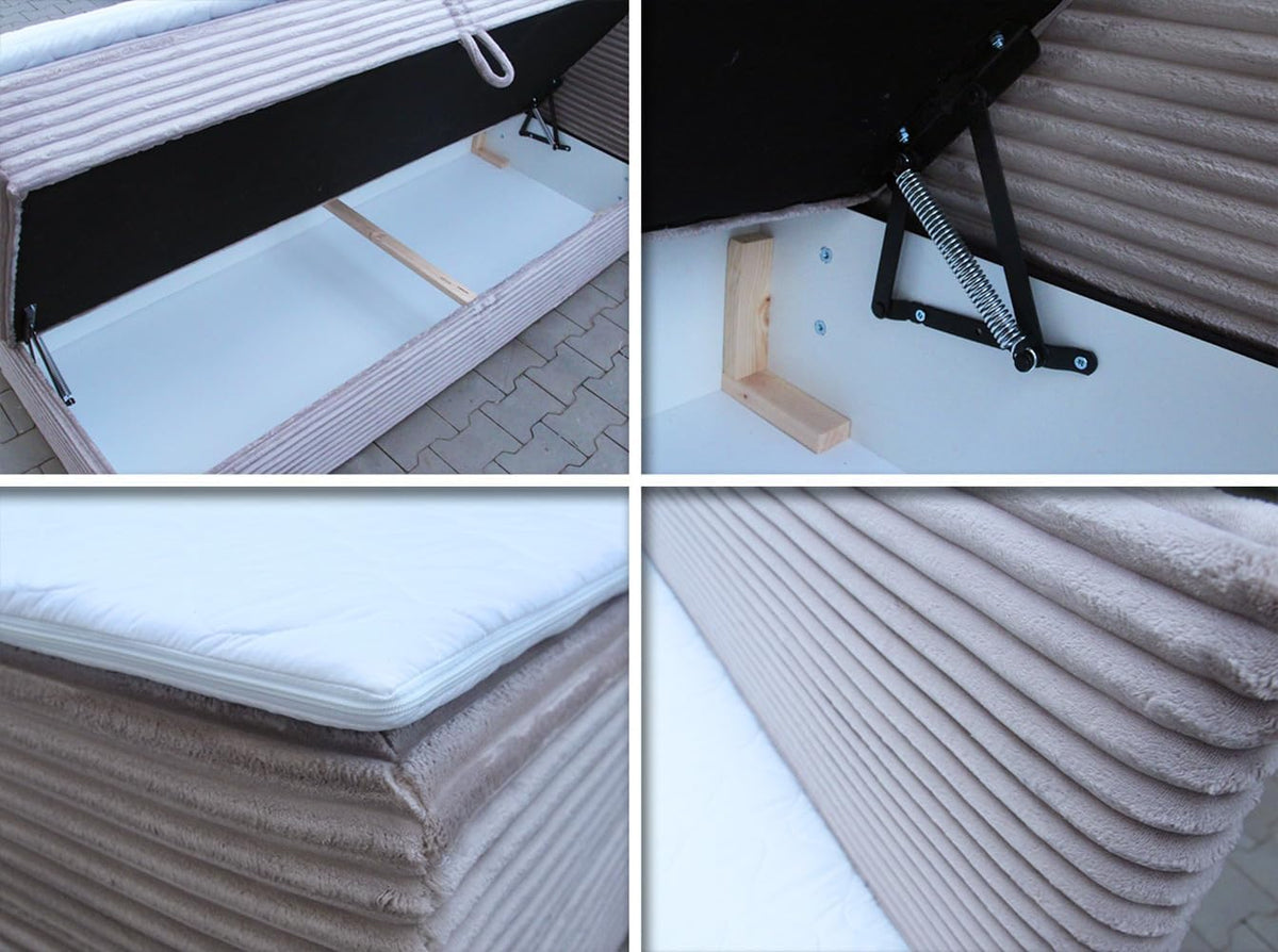 Cama boxspring Sofnet Mollo con 2 cajones, cama doble con colchón Bonell y topper, cama tapizada en suave tela de pana, cama, estructura de cama para dormitorio (beige (Tilia 03), 140 x 200 cm)