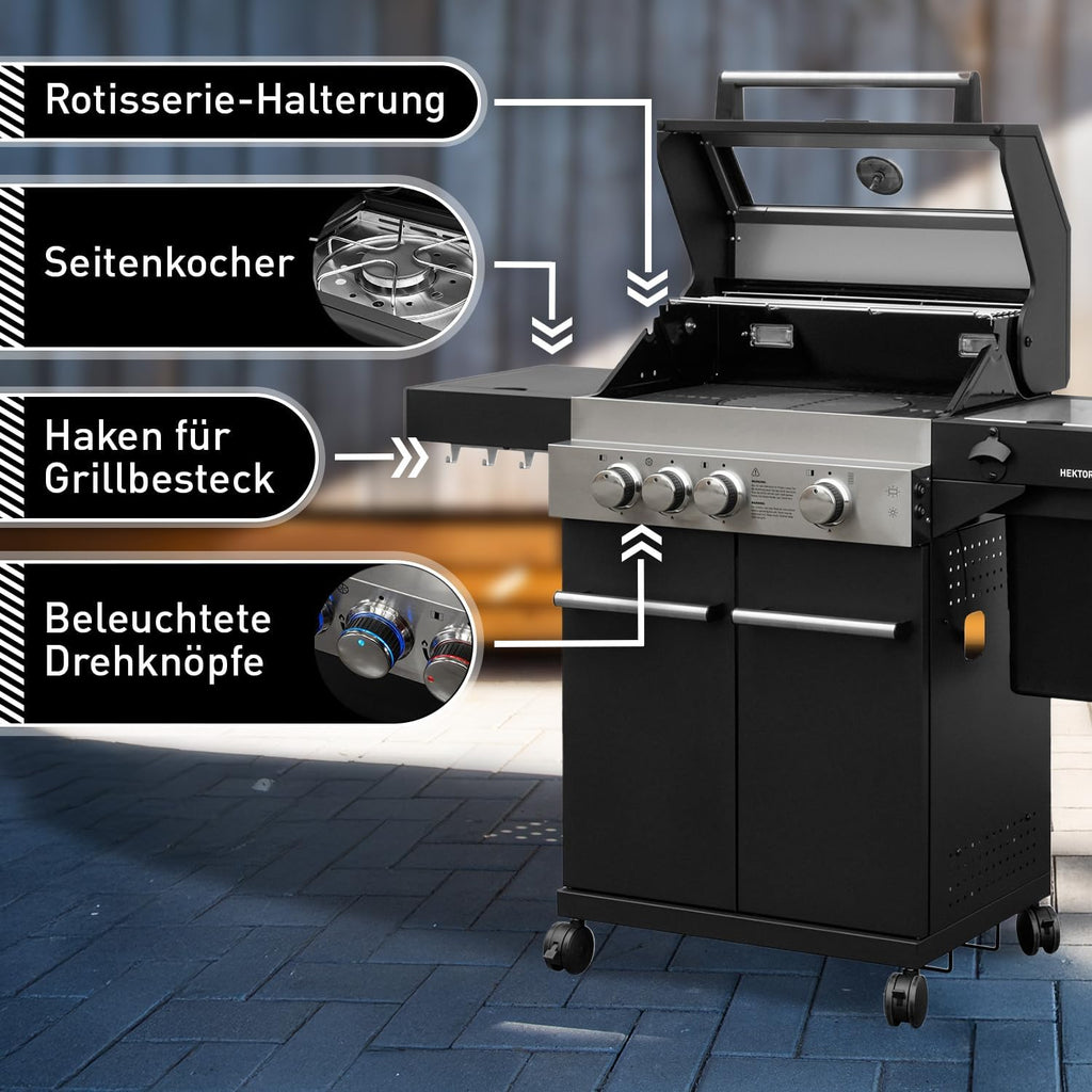 Barbacoa de gas Hektor 3B-S incl. asador giratorio y funda protectora con 3 quemadores, quemador Sear, parrilla de hierro fundido, hornillo lateral, ventana de visualización y termómetro para jardín y terraza