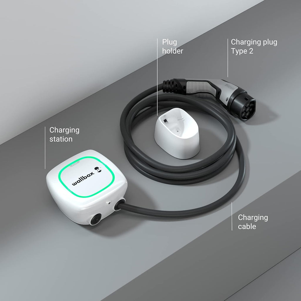 Cargador Wallbox Pulsar Plus para vehículos eléctricos - Potencia ajustable hasta 22 kW, cable de carga Tipo 2, Wi-Fi y Bluetooth, OCPP