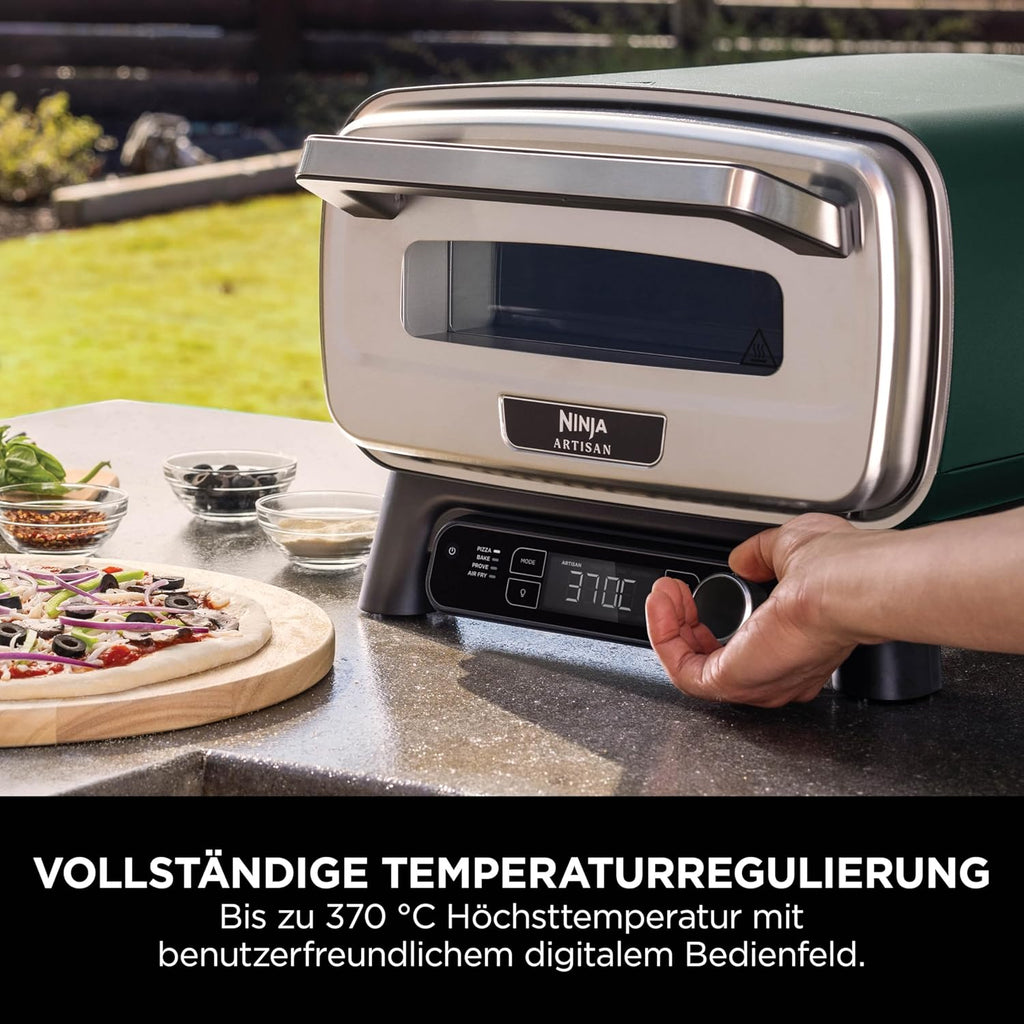 Horno de pizza para exteriores y freidora de aire Ninja Artisan, 4 funciones, tabla de servir, cortador de pizza, piedra para pizza de 30 cm, pala para pizza, bandeja para hornear y cesta para freidora de aire, verde MO201AMZEU