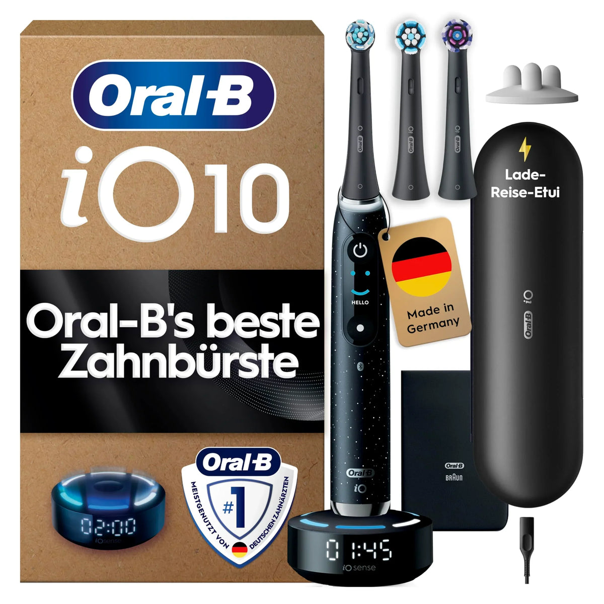 Cepillo de dientes eléctrico iO Series 10, 7 modos de limpieza, iO Sense, 3 cabezales, estuche de viaje con carga, estación de carga rápida