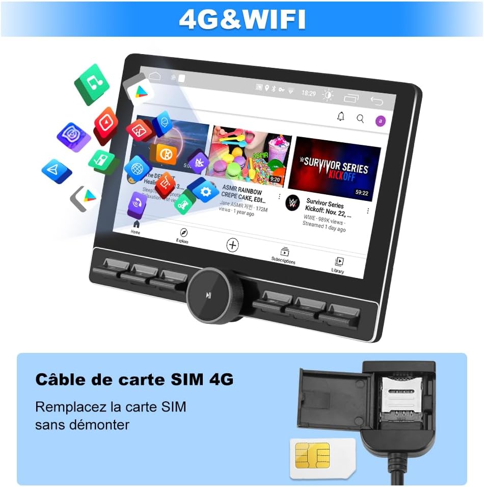 Autoradio Android 13 1 DIN universal para coche, pantalla de 10,6 pulgadas, compatible con GPS, CarPlay, Android Auto, WiFi, 4G, Bluetooth, FM, RDS, USB, mandos en el volante [4GB+64GB]