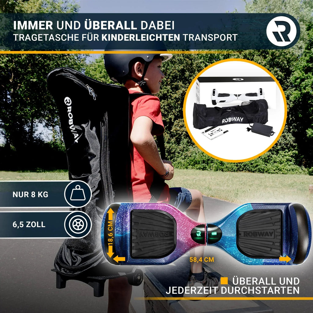 Hoverboard Robway W1 para niños, jóvenes y adultos, control por aplicación, 2 x 350 vatios, función de autoequilibrio, Bluetooth