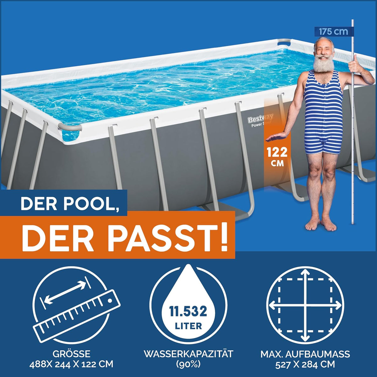 Set completo de piscina Bestway Power Steel Frame con sistema de filtro de arena, 488 x 244 x 122 cm, gris, rectangular
