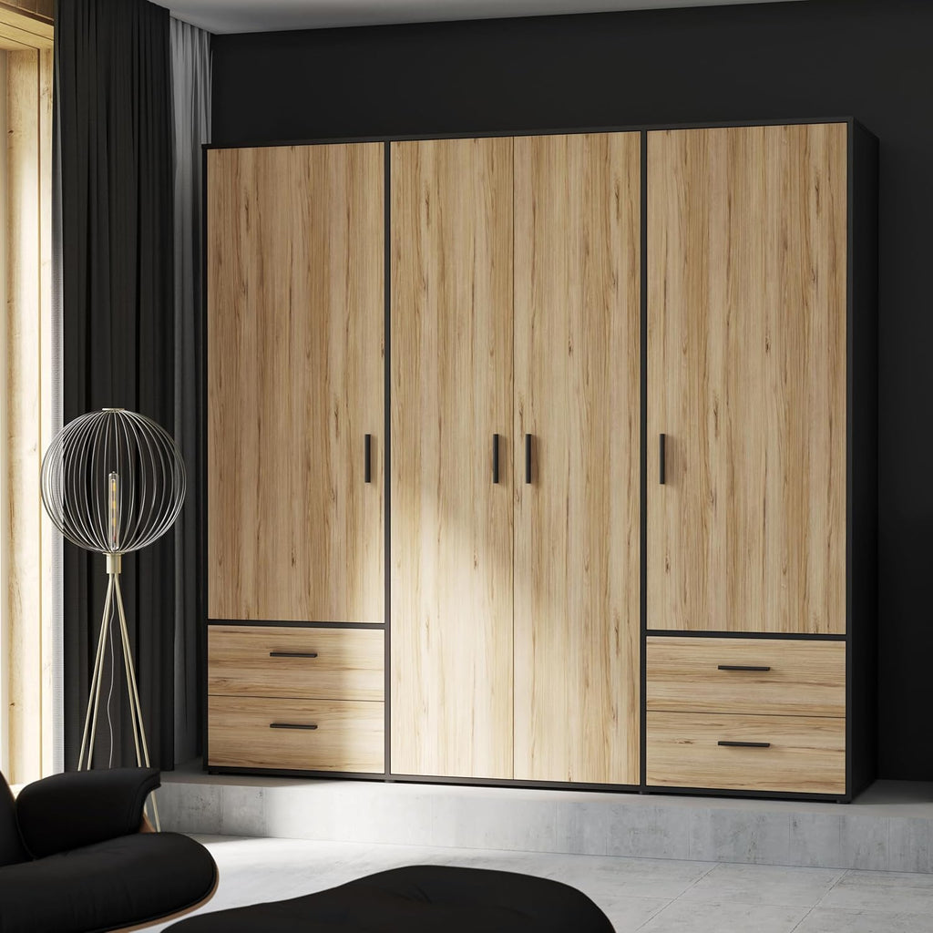 Armario FORTE Jupiter 200 210, armario ropero, armario de puertas batientes, 4 puertas, con 4 cajones y estantes, negro con decoración de madera: roble Catania, 206 cm de ancho x 53 cm de profundidad x 200 cm de alto