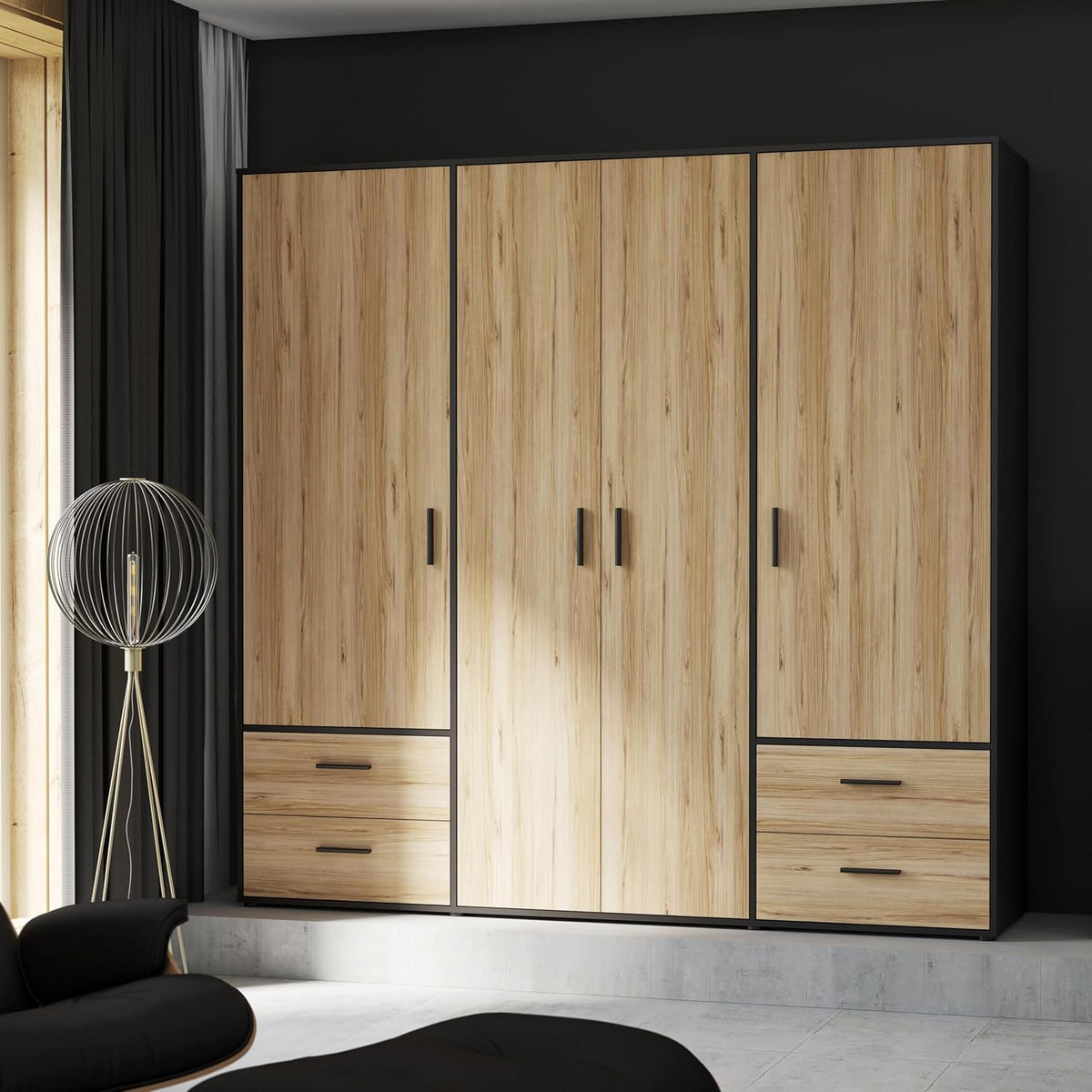 Armario FORTE Jupiter 200 210, armario ropero, armario de puertas batientes, 4 puertas, con 4 cajones y estantes, negro con decoración de madera: roble Catania, 206 cm de ancho x 53 cm de profundidad x 200 cm de alto