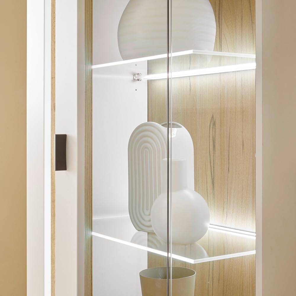 Set de mueble de salón Lomadox de 4 piezas, muebles de sala en blanco y roble, estilo moderno, incluye 1 vitrina, 1 armario alto, 1 mueble bajo, 1 estante de pared e iluminación LED.