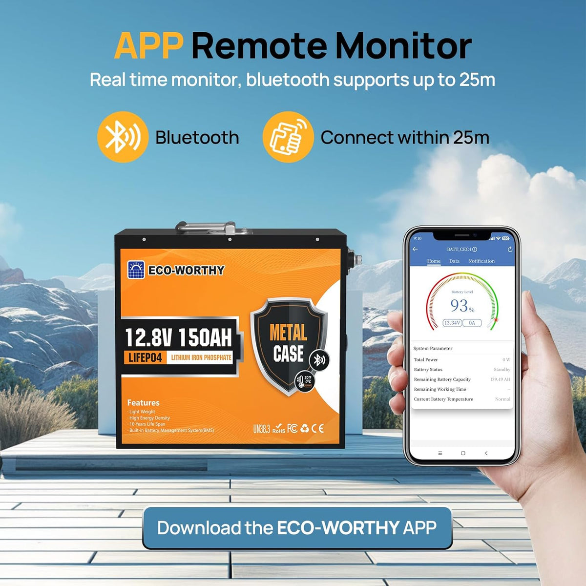 Batería de litio ECO-WORTHY Bluetooth 12V 150Ah con protección de baja temperatura, 1920Wh LiFePO4 12V 150Ah Bluetooth, batería LiFePO4 para autocaravana