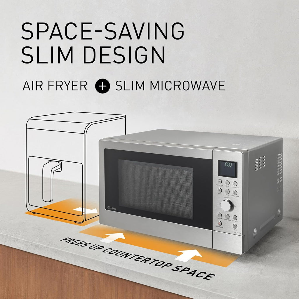Microondas combinado 4 en 1 Panasonic NN-CD58RSEPG de 27 l con modo Airfryer y bandeja para hornear, inversor de 1000 W, grill de 1300 W, convección, 19 programas automáticos, acero inoxidable