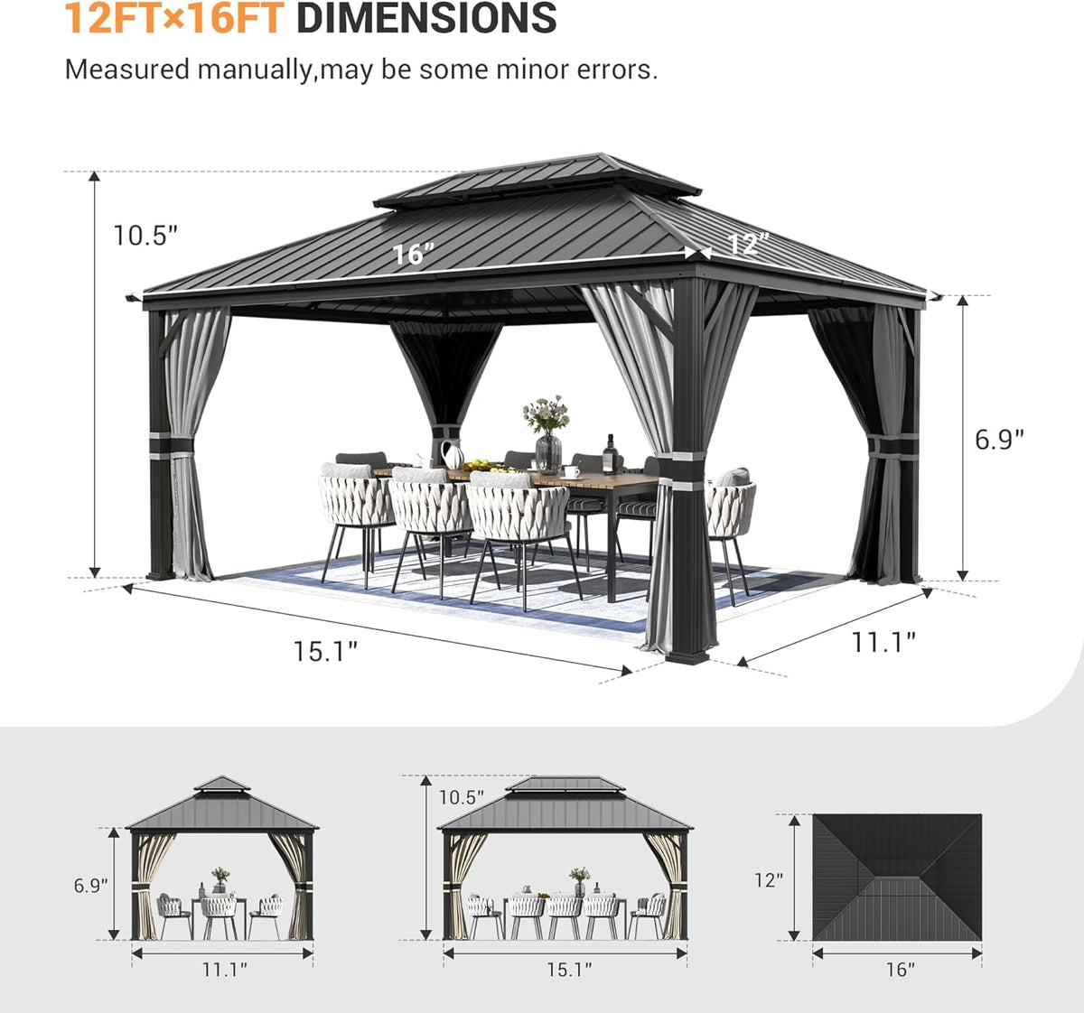 Amopatio 3,65 x 4,85 m Cenador de jardín impermeable, estable y resistente al invierno, cenador de techo rígido, cenador de aluminio con doble techo de acero galvanizado con mosquitera y cortinas para jardín, terraza, césped, gris