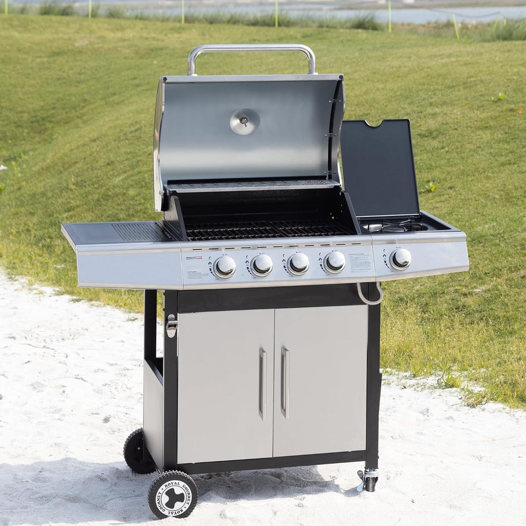 Barbacoa de Gas Royal Gourmet de 4+1 Quemadores de Acero Inoxidable, Parrilla de Gas de 14,5 kW de Potencia con Mesas y Termómetro, 2 Ruedas Direccionales, 2 Puertas, Adecuada para Jardín y Exterior, Plata