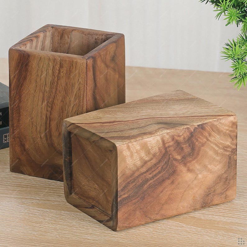 Portalápices de madera maciza de alcanfor 8x8x12 cm – Organizador de escritorio, cubilete para lápices