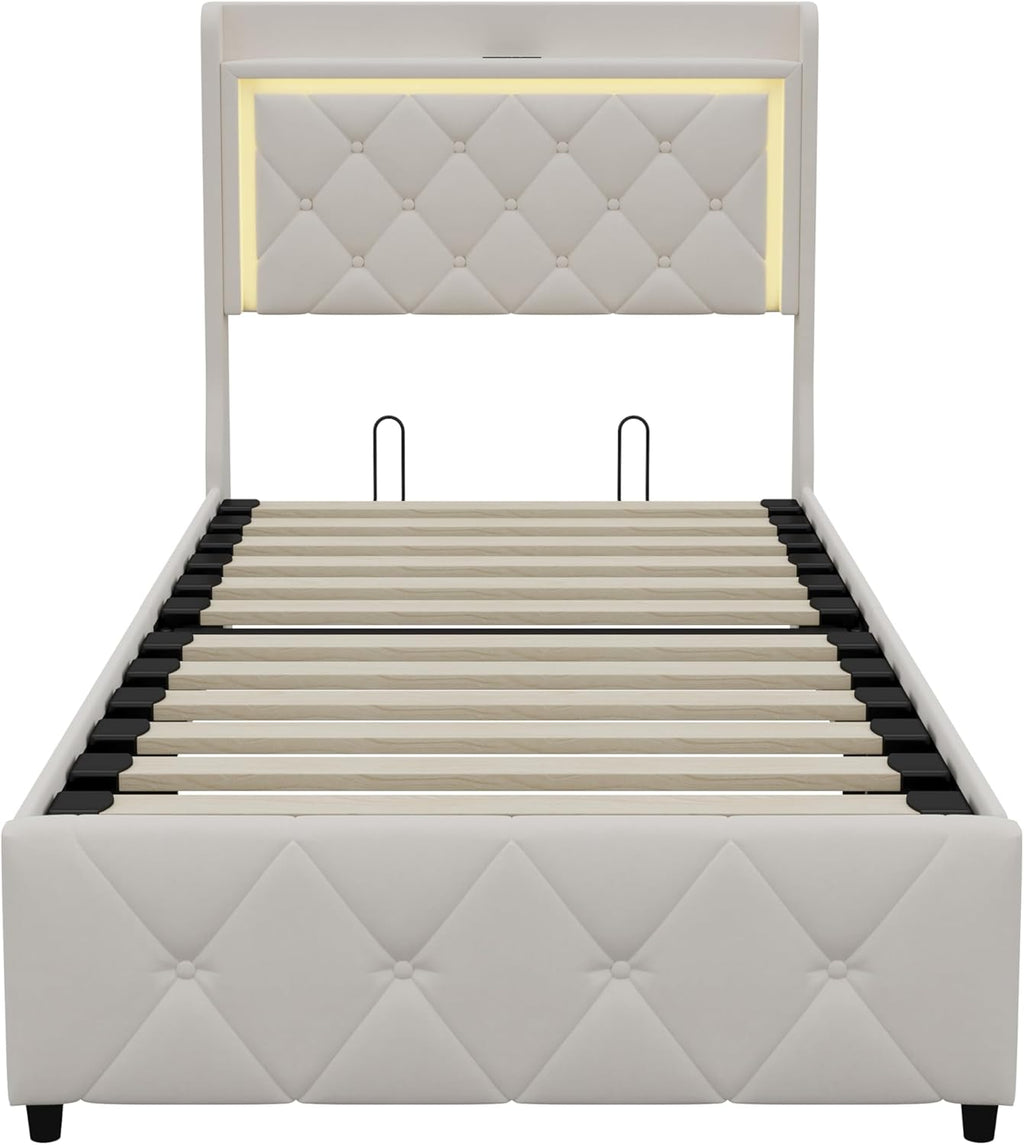 Cama tapizada de 90x200 cm con iluminación LED, USB y canapé hidráulico – Cama individual juvenil con almacenamiento, somier y cabecero, terciopelo beige, sin colchón (Beige-3, 90x200 cm)