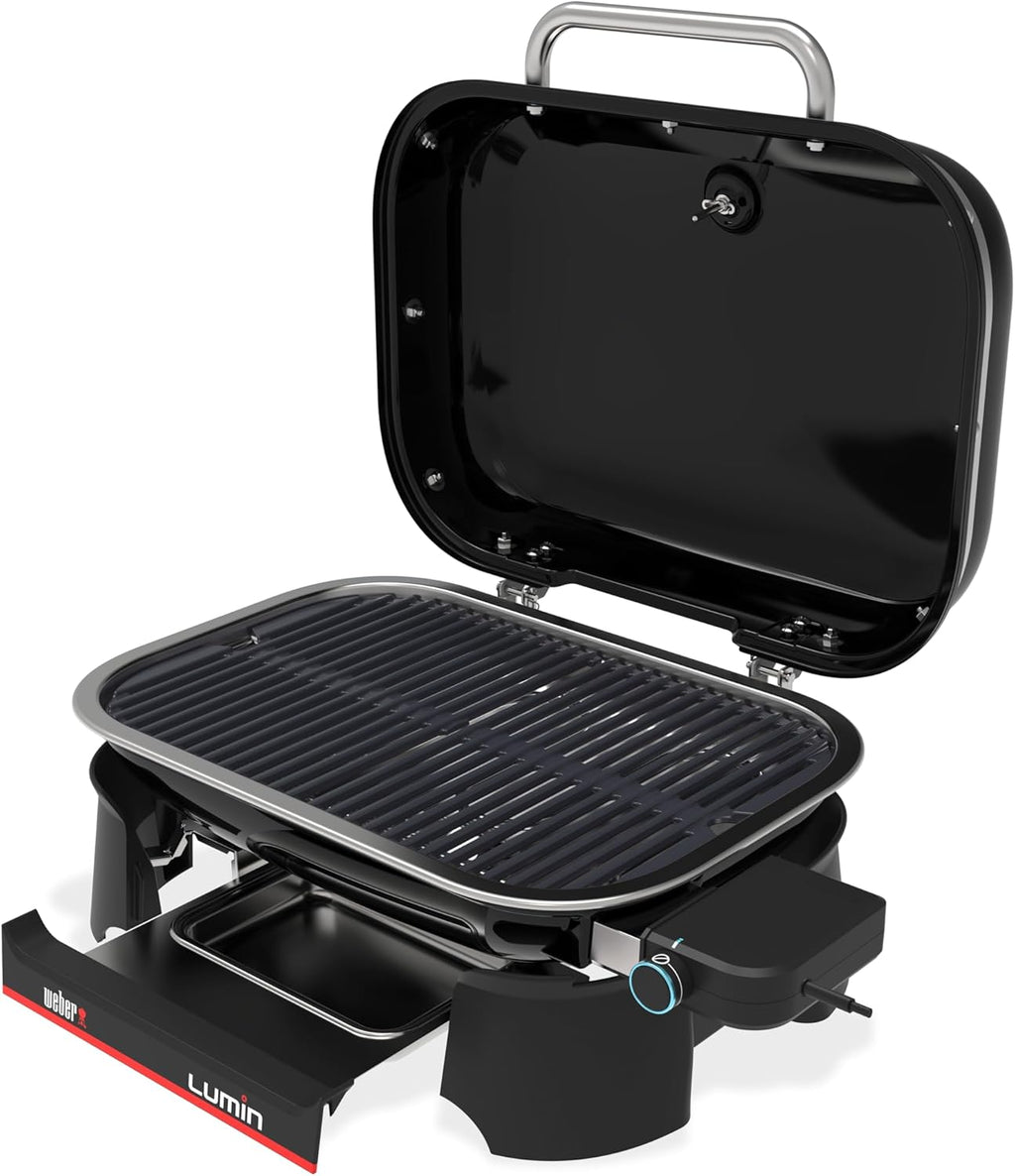 Barbacoa eléctrica Weber Lumin, hasta 315 °C, con termómetro en la tapa, rejillas de hierro fundido vitrificado, superficie de cocción de 33 x 49 cm, negro (1502045)