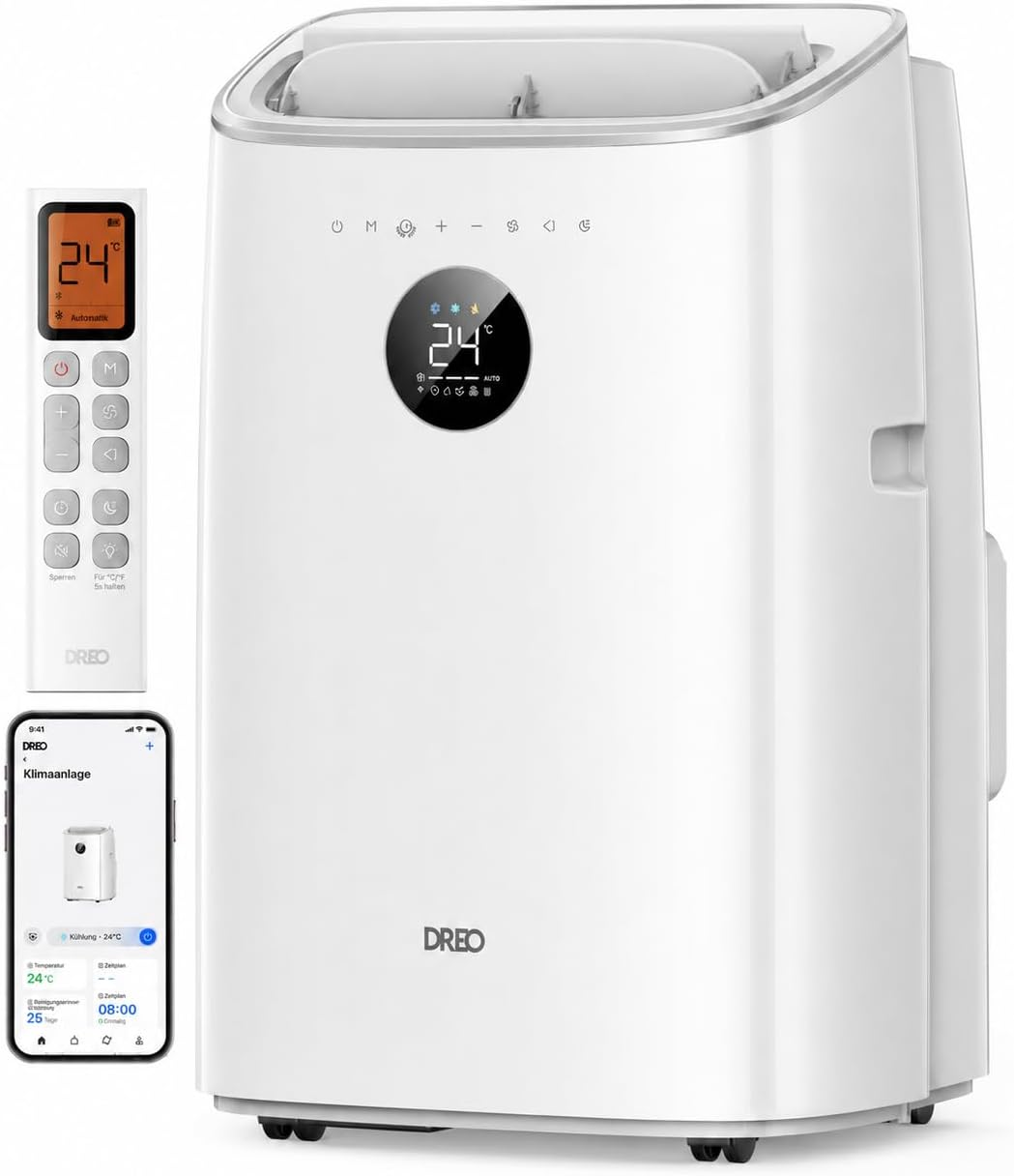 Aire acondicionado portátil DREO, 7.500 BTU, unidad móvil para dormitorio y oficina, 3 en 1: refrigeración/ventilación/deshumidificación, control por aplicación/voz/mando a distancia, sin drenaje, kit de ventana, 2,5 L/h, AC318S